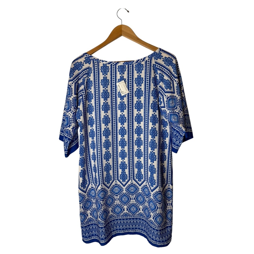 Glam Tunic Dress Women Medium Blue White NWT Geometric Raglan V Neck Mini Boho - Picture 3 of 11